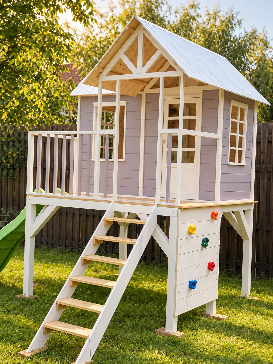 Angled view of the raised playhouse with porch stairs, climbing wall and green slide