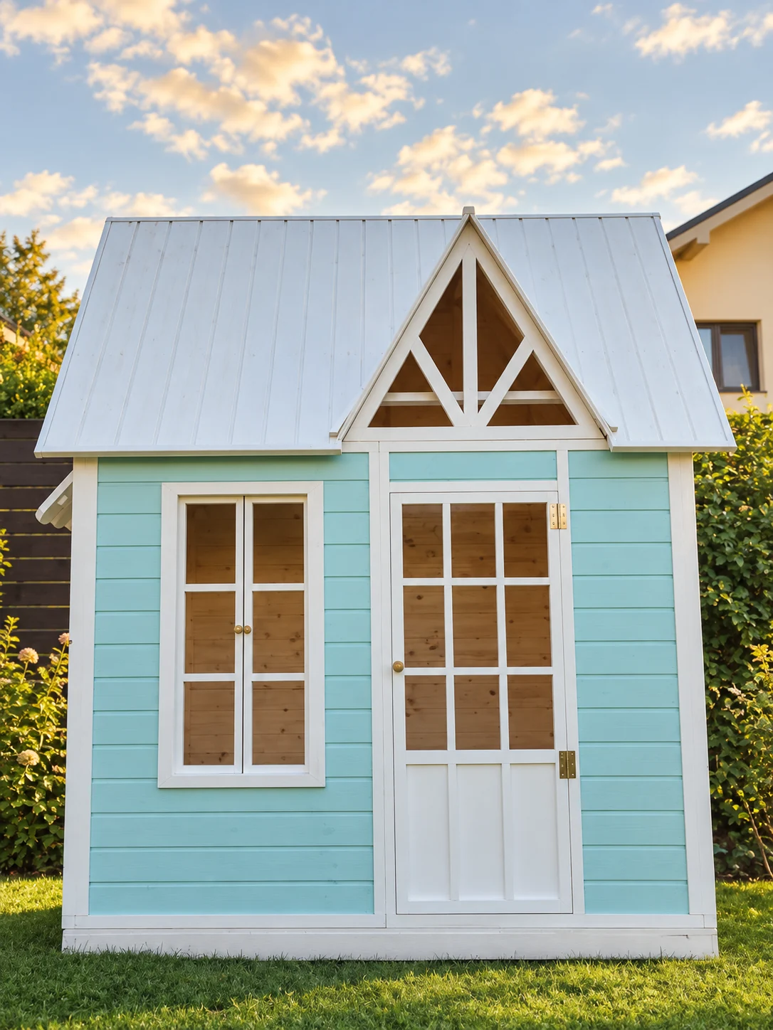 Straight-on view of a pale aqua playhouse with a steep white roof and glazed door