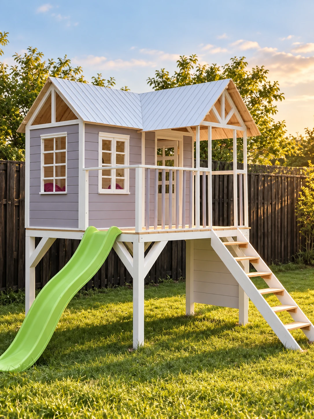 Raised lilac-grey playhouse with white porch, green slide and stairs in a garden