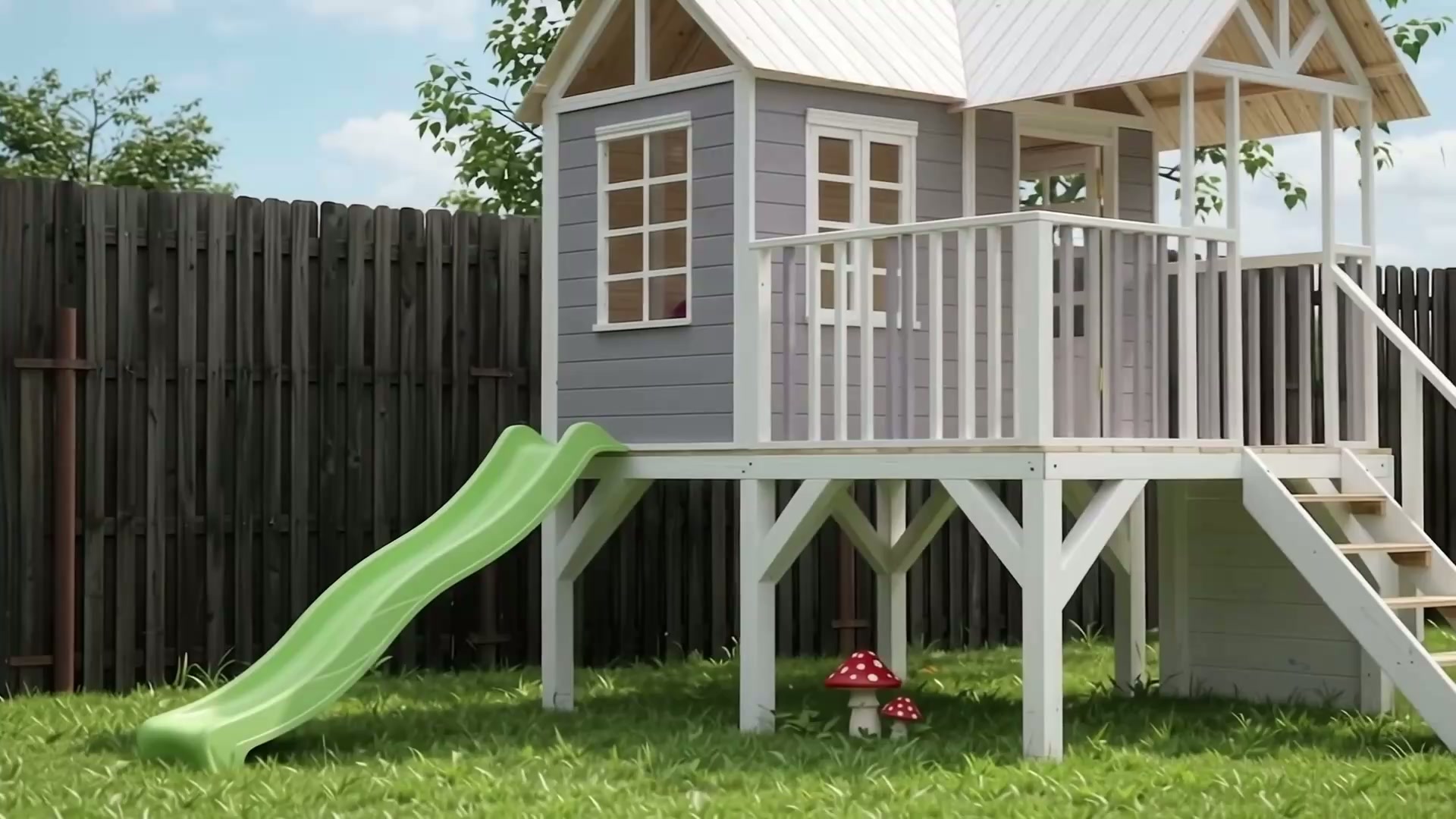 Raised lilac-grey playhouse with white porch, green slide and stairs in a garden
