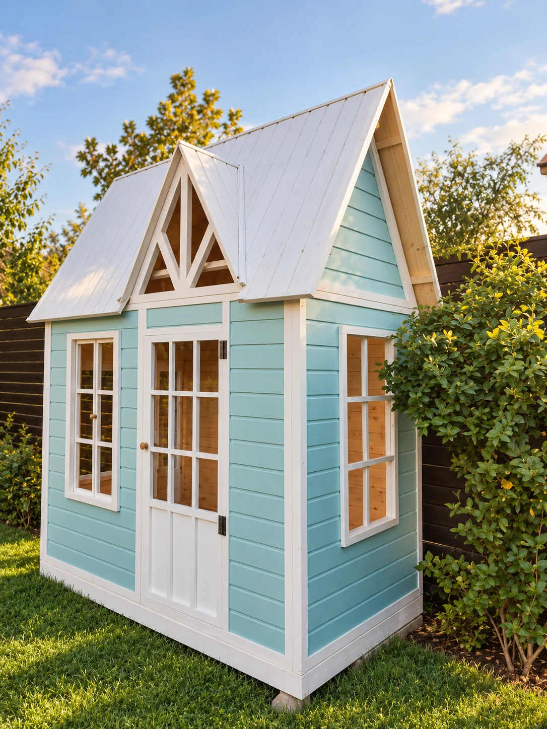 Garden angle of the pale aqua playhouse showing its front and side windows