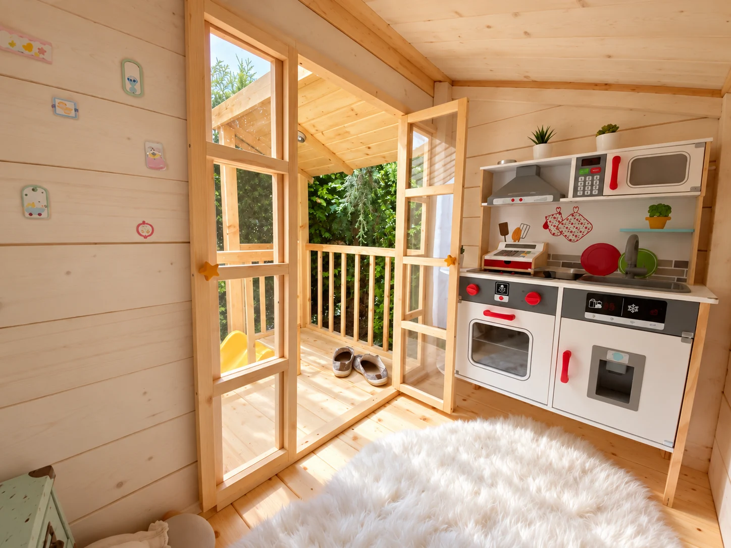 Small play kitchen inside the timber-lined playhouse beside open glazed doors to the porch